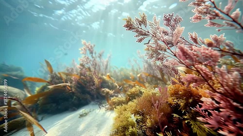 Underwater sunlight beams illuminate vibrant red and brown seaweed forests with flowing kelp in a clear ocean environment for nature documentary footage