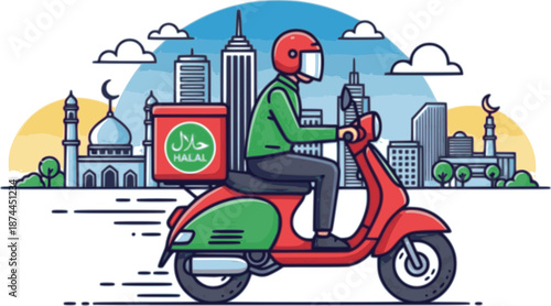 Fast Halal Food Delivery Scooter Vector Illustration with City Background
