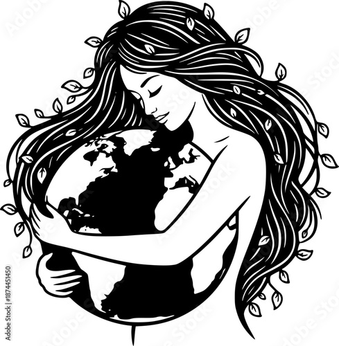 Mother Earth personified woman hugging planet globe ecology vector illustration black and white

