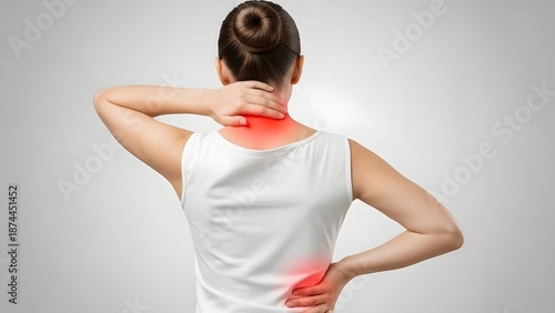 Back and neck pain relief and healthcare treatment. Physical therapy and ergonomic health. Woman from behind touching her aching neck and lower back with glowing red pain indicators