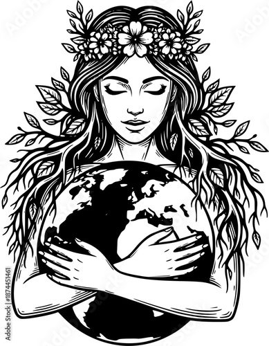 Mother Earth personified woman hugging planet globe ecology vector illustration black and white
