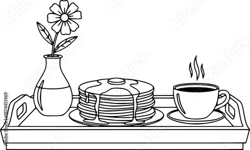 Breakfast in bed tray with pancakes coffee and flower vase vector illustration black and white
