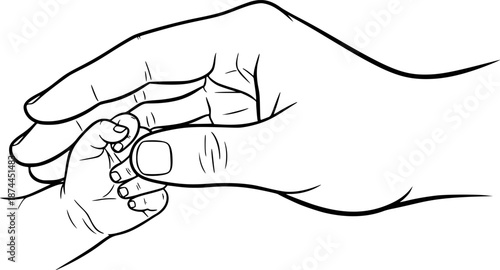Parent hand holding tiny baby hand close up symbol of protection and care vector illustration black and white
