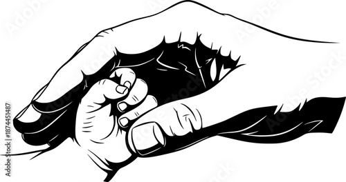 Parent hand holding tiny baby hand close up symbol of protection and care vector illustration black and white
