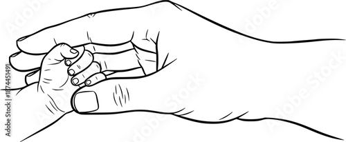 Parent hand holding tiny baby hand close up symbol of protection and care vector illustration black and white

