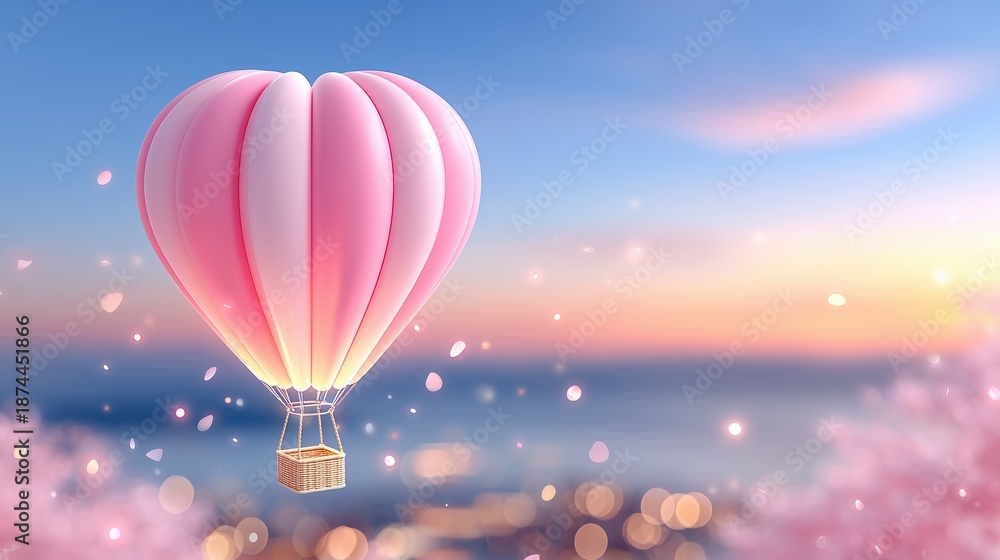 Fototapeta premium Pink Hot Air Balloon at Sunrise with Falling Cherry Blossoms and Bokeh Lights