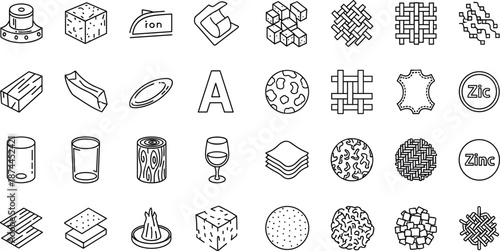 Vector illustration of material texture icon collection with wood, metal, glass, fabric, foam, leather, mesh, and structural pattern design