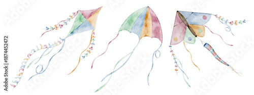 Wallpaper Mural Watercolor Kite set with flying toys, ribbons and tails for baby shower greeting cards and childish birthday invitations. Elements for nursery decor, kids posters and banners. Isolated clipart. Torontodigital.ca