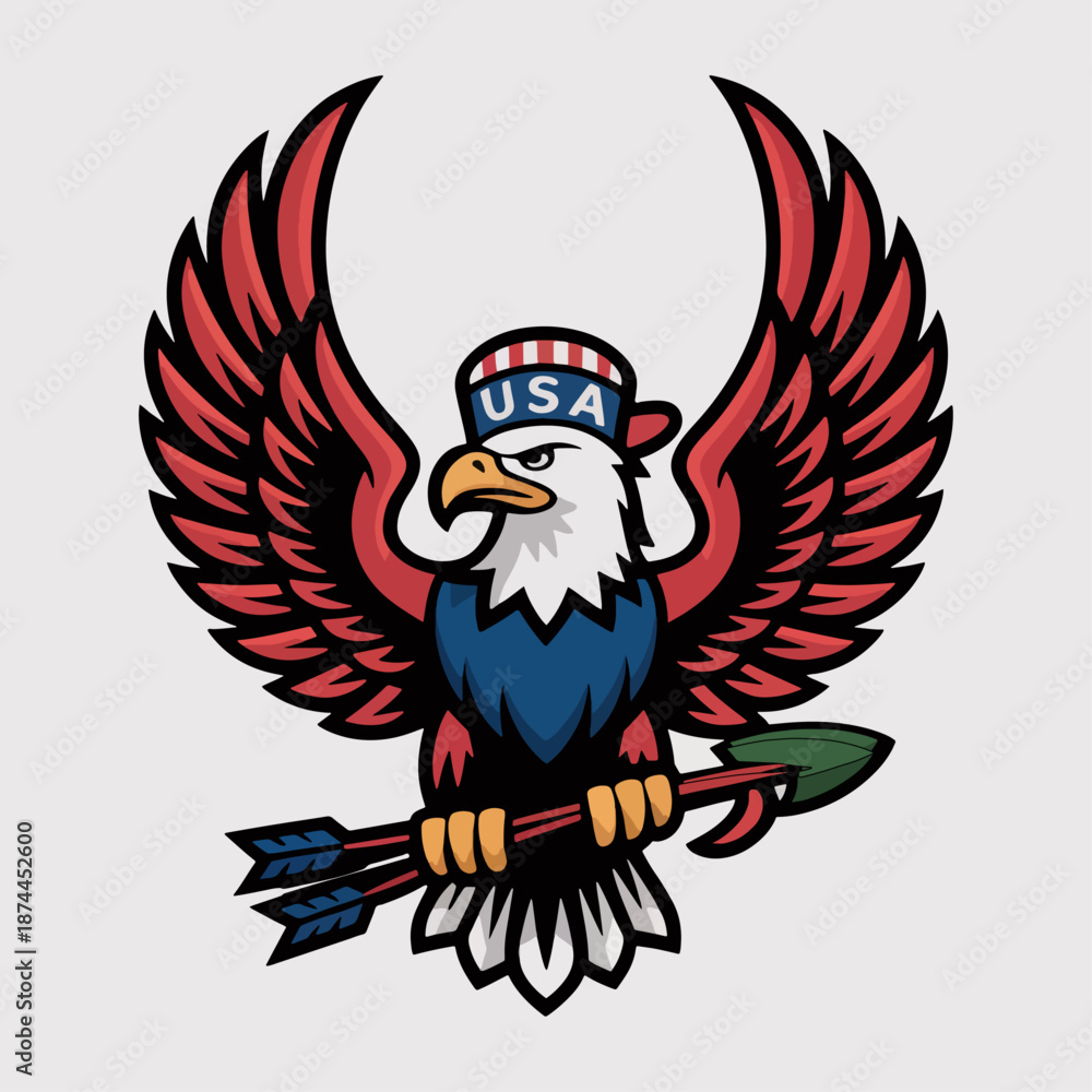 Fototapeta premium American bald eagle with wings spread holding arrows and olive branch, patriotic emblem in red white blue; vintage liberty mascot logo vector for heritage branding