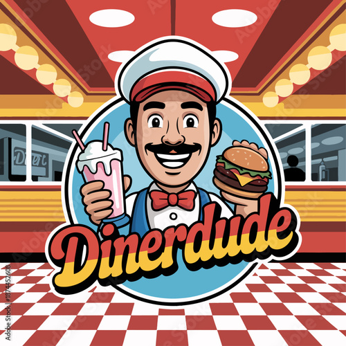 Diner Dude smiling server with milkshake and burger inside retro restaurant, neon script badge; vintage café mascot logo vector for menus, ads and packaging