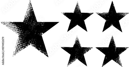Set of grunge black star imprints with vintage cracks stains and hand drawn distressed star stamp style