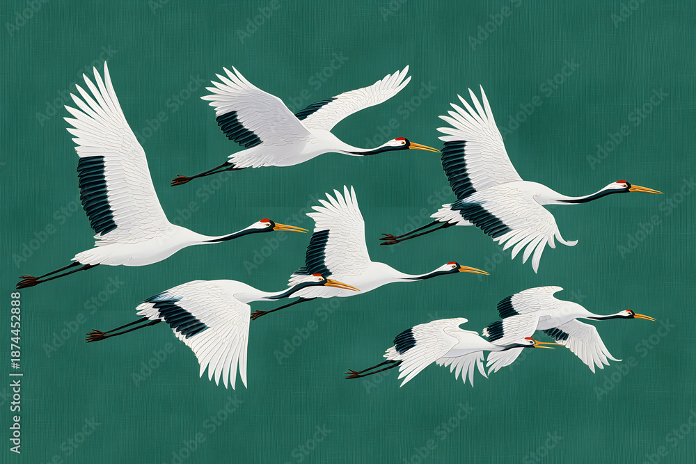 Fototapeta premium A graceful flock of white cranes, majestic birds flying through nature's green expanse. This stunning illustration captures wildlife in harmonious movement, showcasing these magnificent animal creatur