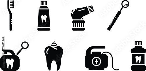 "Vector illustration of dental care tools: toothbrush, toothpaste, mouthwash, floss, dental mirror, and more for oral hygiene."