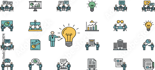 A person presenting an innovative idea represented by a lightbulb surrounded by various technology and machinery icons in a grid layout.