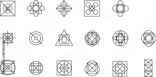 "Geometric line-based patterns featuring squares, circles, and triangles, creating intricate shapes and symmetry for modern design purposes."