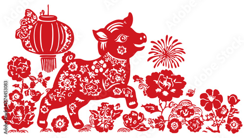 Red illustration featuring Happy Chinese New Year 2026, Year of Horse, decorated tiny horse amidst flowers and a lantern, symbolizing celebration and good fortune.