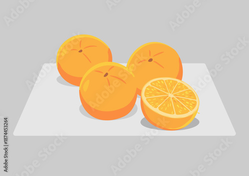 Fresh Isolated Oranges with One Halved on a White Surface Background
