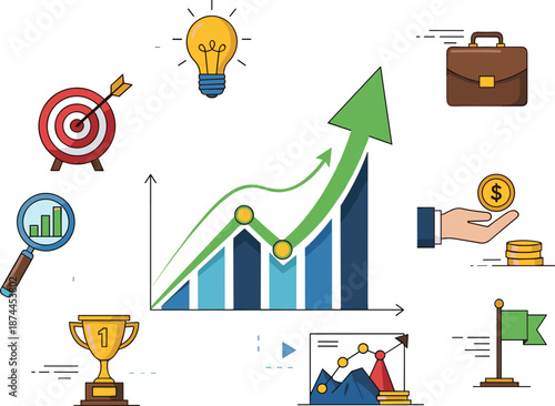 "Vector illustration showing business growth, financial success, target achievement, career progress, investment, goals, and strategies for success."