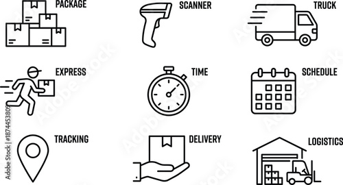 Vector illustration of shipping and logistics icon collection with package, truck, scanner, calendar, stopwatch, delivery, and tracking symbol design