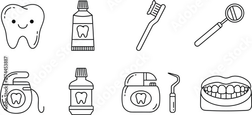 "Vector illustration of smiling tooth, toothbrush, toothpaste, floss, mouthwash, dental mirror, and dental tools for oral hygiene."