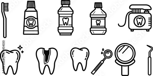 "Vector illustration of dental care tools including toothbrush, toothpaste, mouthwash, mirror, and dental instruments for oral hygiene."