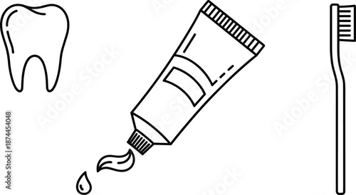 "Minimalist line drawing of a tooth, toothpaste tube, and toothbrush for dental hygiene, oral care, and health design."