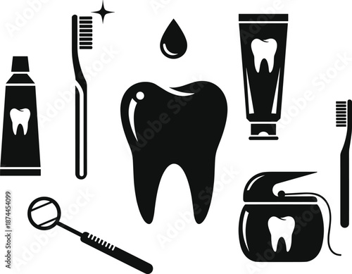 "Vector illustration of dental care tools including toothbrush, toothpaste, floss, and dental tools for hygiene and oral health."