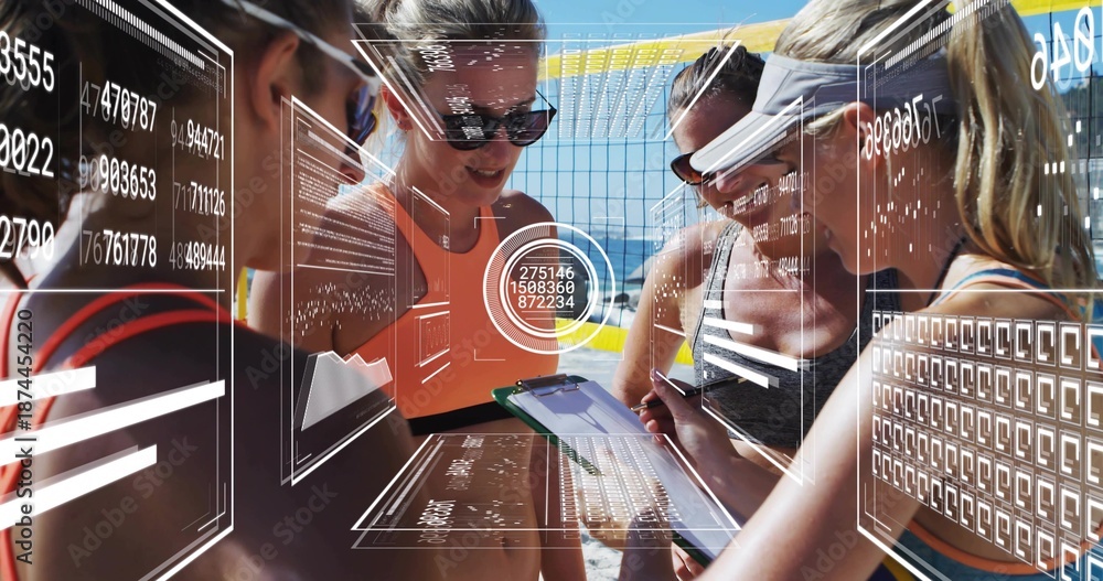 Fototapeta premium Planning, four athletes in tanks leaning over clipboard or tablet at sand court, yellow net, HUD dat