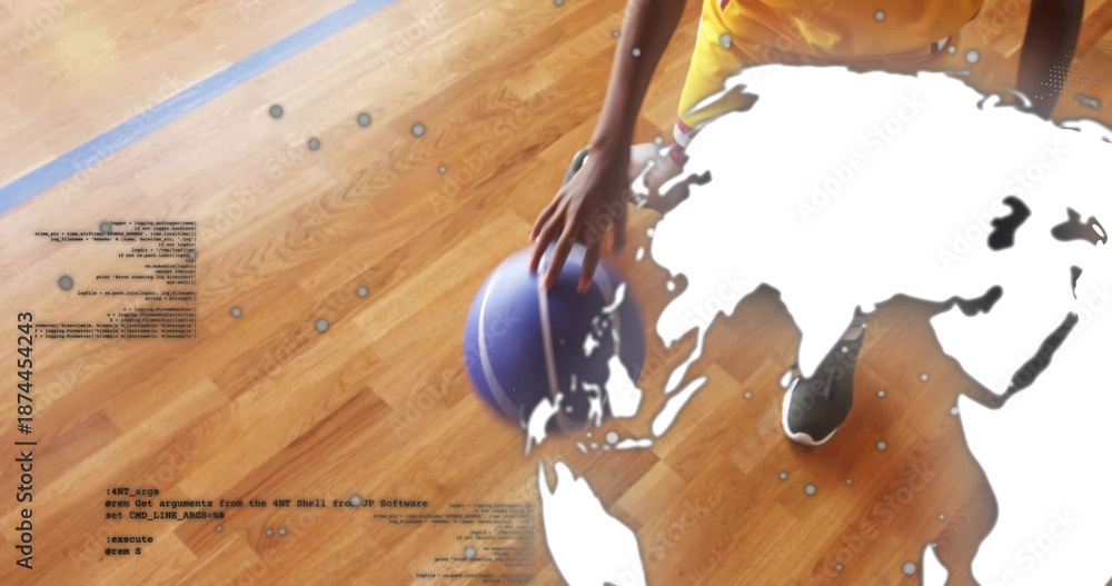 Fototapeta premium Teenage athlete in yellow top placing hand on purple basketball on court, map overlay, copy space