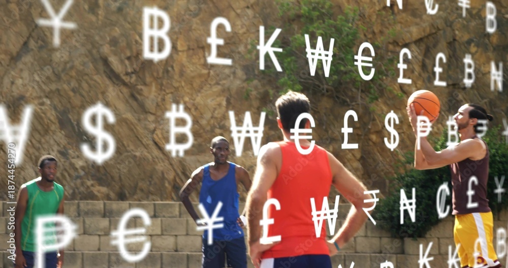 Fototapeta premium Player on right shooting ball, mates in tanks watching outdoor court near stone wall, money symbols