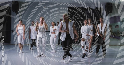 Obraz na płótnie Leading male dancer wearing white vest stepping forward in studio, mirrored wall
