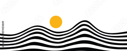 Future lines in 3D perspective vector abstract background, black and yellow linear composition, road to horizon and sky concept, optical illusion op art.