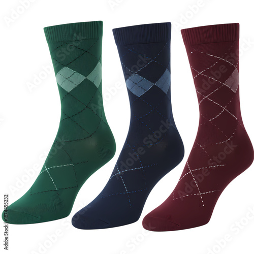 Stylish argyle socks for men in dark green, navy blue, and maroon as an isolated subject