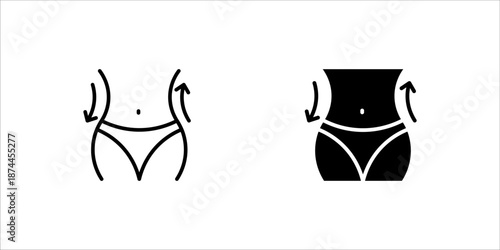 Slimming Waist. Woman and Man Loss Weight Line Icon. Shape Waistline Control Outline Icon. Set of Female and Male Body Slimming Linear Pictogram. Editable Stroke. Isolated Vector Illustration.