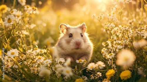 A cute fluffy hamster sitting among white and yellow wildflowers in a sunlit field, looking directly at the camera.