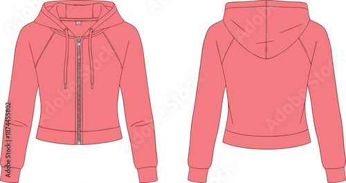 Pink Zip Up Hoodie Technical Fashion Illustration Front and Back View Vector Flat Sketch Slim Fit Sweatshirt Clothing Template for Apparel Tech Pack Design