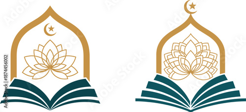 Islamic education logos featuring an open book with a lotus flower and mosque archway