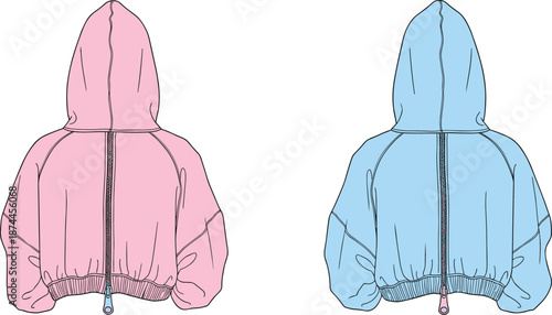 Back View Technical Fashion Illustration of Pink and Blue Cropped Zip Up Hoodies Vector Flat Sketch Set for Streetwear Apparel Design Tech Pack