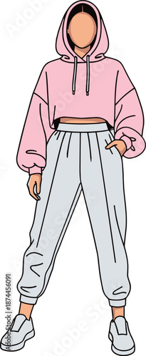 Fashion Illustration of Woman Wearing Pink Cropped Hoodie and Grey High Waisted Joggers Set Minimalist Vector Streetwear Outfit Mockup for Clothing Design Template