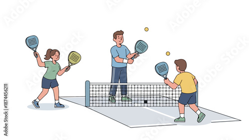 Illustration of people playing pickleball with rackets and a net on a court with a white background