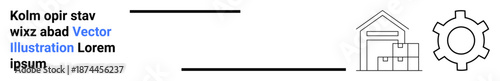 Warehouse building with stacked boxes and large cogwheel showcasing storage, delivery, mechanics, logistics, e-commerce, automation, and supply chain. Ideal for modern business and simple landing