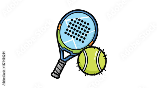 Illustration of a tennis racket and ball on a white background with a cartoonish style and vibrant green and blue colors.