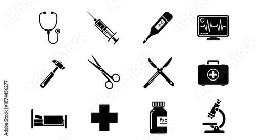 Medical and Healthcare Icon Set Featuring Stethoscope Syringe First Aid Kit and Diagnostic Tools for Professional Wellness Concept