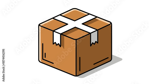 Isometric Cardboard Shipping Box with White Tape Vector Illustration