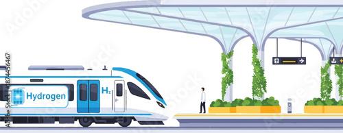 Hydrogen train arriving at a futuristic station with sleek architecture and lush greenery