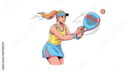 Illustration of a woman playing tennis with a racket and ball in motion.