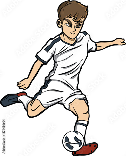 Cartoon football player kicking ball in white uniform