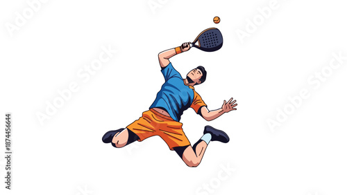 Man jumping to hit a ball with a pickleball paddle on a white background with dynamic action and vibrant colors.