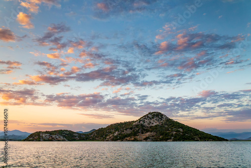 Island on Skadar lake at sunset. Montenegro.
