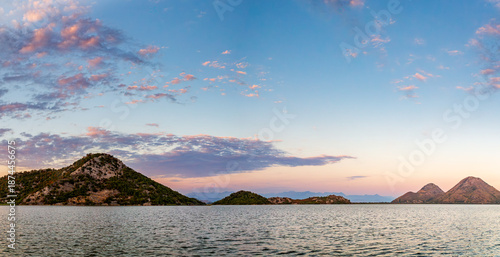 Panoramic view of an island on Skadar lake at sunset. Montenegro.